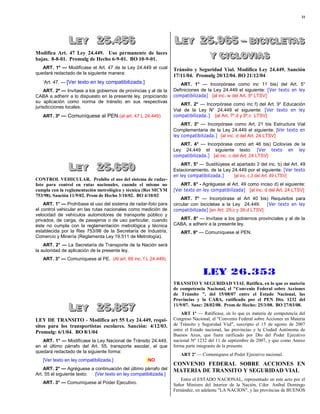 31




               LEY 25.456
               LEY 25.456                                         LEY 25.965 – BICICLETAS
                                                                  LEY 25.965 – BICICLETAS
Modifica Art. 47 Ley 24.449. Uso permanente de luces
bajas. 8-8-01. Promulg de Hecho 6-9-01. BO 10-9-01.                                Y CICLOVIAS
                                                                                   Y CICLOVIAS
   ART. 1º — Modifícase el Art. 47 de la Ley 24.449 el cual       Tránsito y Seguridad Vial. Modifica Ley 24.449. Sanción
quedará redactado de la siguiente manera:
                                                                  17/11/04. Promulg 20/12/04. BO 21/12/04
   ‗Art. 47. — [Ver texto en ley compatibilizada.]                   ART. 1° — Incorpórase como inc 11 bis) del Art. 5°
    ART. 2º — Invítase a los gobiernos de provincias y al de la   Definiciones de la Ley 24.449 el siguiente: [Ver texto en ley
CABA a adherir a lo dispuesto en la presente ley, propiciando     compatibilizada] [al inc. w del Art. 5º LTSV]
su aplicación como norma de tránsito en sus respectivas
                                                                      ART. 2° — Incorpórase como inc f) del Art. 9° Educación
jurisdicciones locales.
                                                                  Vial de la Ley N° 24.449 el siguiente: [Ver texto en ley
   ART. 3º — Comuníquese al PEN.(al art. 47 L 24.449)             compatibilizada.] [al Art. 7º.d y 9º.c LTSV]
                                                                      ART. 3° — Incorpórase como Art. 21 bis Estructura Vial
                                                                  Complementaria de la Ley 24.449 el siguiente: [Ver texto en
                                                                  ley compatibilizada.] [al inc. d del Art. 24 LTSV]
                                                                     ART. 4° — Incorpórase como art 46 bis) Ciclovías de la
                                                                  Ley 24.449 el siguiente texto: [Ver texto en ley
                                                                  compatibilizada.] [al inc. c del Art. 24 LTSV]

               LEY 25.650
               LEY 25.650
                                                                      ART. 5° — Sustitúyese el apartado 3 del inc. b) del Art. 49
                                                                  Estacionamiento, de la Ley 24.449 por el siguiente: [Ver texto
                                                                  en ley compatibilizada.]    [al inc. c.3 del Art. 49 LTSV]
CONTROL VEHICULAR. Prohíbe el uso del sistema de radar-
foto para control en rutas nacionales, cuando el mismo no            ART. 6° - Agréguese al Art. 49 como inciso d) el siguiente:
cumpla con la reglamentación metrológica y técnica (Res SICYM     [Ver texto en ley compatibilizada] [al inc. d del Art. 24 LTSV]
753/98). Sanción 11/9/02. Prom de Hecho 3/10/02. BO 4/10/02
                                                                      ART. 7° — Incorpórase el Art 40 bis) Requisitos para
    ART. 1° — Prohíbase el uso del sistema de radar-foto para     circular con bicicletas a la Ley 24.449. [Ver texto en ley
el control vehicular en las rutas nacionales como medición de     compatibilizada] [en Art. 29.c y 39.d LTSV]
velocidad de vehículos automotores de transporte público y
privados, de carga, de pasajeros o de uso particular, cuando        ART. 8° — Invítase a los gobiernos provinciales y al de la
éste no cumpla con la reglamentación metrológica y técnica        CABA, a adherir a la presente ley.
establecida por la Res 753/98 de la Secretaría de Industria,         ART. 9° — Comuníquese al PEN.
Comercio y Minería (Reglamenta Ley 19.511 de Metrología).
    ART. 2° — La Secretaría de Transporte de la Nación será
la autoridad de aplicación de la presente ley.
   ART. 3° — Comuníquese al PE. (Al art. 69 inc. f L 24.449)


                                                                                Ley 26.353
                                                                  TRANSITO Y SEGURIDAD VIAL Ratifica, en lo que es materia
                                                                  de competencia Nacional, el "Convenio Federal sobre Acciones
                                                                  de Tránsito ", del 15/08/07 entre el Estado Nacional, las
                                                                  Provincias y la CABA, ratificado por el PEN Dto. 1232 del

               LEY 25.857
               LEY 25.857                                         11/9/07. Sanc: 28/02/08. Prom de Hecho: 25/3/08. BO 27/03/08.
                                                                      ART 1º — Ratifícase, en lo que es materia de competencia del
LEY DE TRANSITO - Modifíca art 55 Ley 24.449, requi-              Congreso Nacional, el "Convenio Federal sobre Acciones en Materia
sitos para los transportistas escolares. Sanción: 4/12/03.        de Tránsito y Seguridad Vial", suscripto el 15 de agosto de 2007
                                                                  entre el Estado nacional, las provincias y la Ciudad Autónoma de
Promulg: 6/1/04. BO 8/1/04
                                                                  Buenos Aires, que fuera ratificado por Dto del Poder Ejecutivo
   ART. 1° — Modifícase la Ley Nacional de Tránsito 24.449,       nacional Nº 1232 del 11 de septiembre de 2007, y que como Anexo
en el último párrafo del Art. 55, transporte escolar, el que      forma parte integrante de la presente.
quedará redactado de la siguiente forma:
                                                                     ART 2º — Comuníquese al Poder Ejecutivo nacional.
   [Ver texto en ley compatibilizada.]               NO
                                                                  CONVENIO FEDERAL SOBRE ACCIONES EN
    ART. 2° — Agréguese a continuación del último párrafo del     MATERIA DE TRANSITO Y SEGURIDAD VIAL
Art. 55 el siguiente texto: [Ver texto en ley compatibilizada.]
                                                                      Entre el ESTADO NACIONAL, representado en este acto por el
   ART. 3° — Comuníquese al Poder Ejecutivo.                      Señor Ministro del Interior de la Nación, Cdor. Aníbal Domingo
                                                                  Fernández, en adelante "LA NACION", y las provincias de BUENOS
 