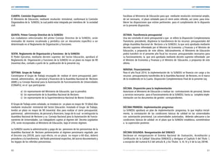 60 61
LEY UNIVERSITARIA
| Por una educación universitaria de calidad para nuestros jóvenes Por una educación universitaria de calidad para nuestros jóvenes |
LEY UNIVERSITARIA
CUARTA. Comisión Organizadora 
El Ministerio de Educación, mediante resolución ministerial, conformará la Comisión
Organizadora de la  SUNEDU, la cual podrá estar integrada por miembros de  la sociedad
civil. 
QUINTA. Primer Consejo Directivo de la SUNEDU 
Los ciudadanos seleccionados del primer Consejo  Directivo de la SUNEDU, serán
renovados de manera  escalonada y periódica con un mecanismo específico a ser
determinado en el Reglamento de Organización y Funciones. 
SEXTA. Reglamento de Organización y Funciones  de la SUNEDU 
El Poder Ejecutivo, mediante decreto supremo  del Sector Educación, aprobará el
Reglamento de  Organización y Funciones de la SUNEDU en un plazo no mayor de 90
(noventa) días, contado a partir de la  publicación de la presente Ley. 
SÉPTIMA. Grupo de Trabajo 
Constitúyese el Grupo de Trabajo encargado de  realizar el cierre presupuestal, patri-
monial, administrativo,  de personal y financiero de la Asamblea Nacional de  Rectores
(ANR) y su Consejo Nacional para la Autorización de Funcionamiento de Universidades
(CONAFU), en el  que participarán: 
	 a) Un representante del Ministerio de Educación, que la presidirá. 
	 b) Un representante de la Asamblea Nacional de Rectores. 
	 c) Un representante de la Superintendencia Nacional de Bienes Estatales. 
El Grupo de Trabajo antes señalado, se instalará en  un plazo no mayor de 10 (diez) días
mediante resolución  ministerial del Sector Educación. Instalado el Grupo  de Trabajo,
tendrá un plazo no mayor de 90 (noventa) días para realizar el cierre presupuestal,
patrimonial,  administrativo, de personal y financiero, luego de lo cual  se extinguirán la
Asamblea Nacional de Rectores y su  Consejo Nacional para la Autorización de Funcio-
namiento de Universidades. Los trabajadores sujetos al régimen del  Decreto Legislativo
276, serán incorporados al Ministerio de Educación, bajo el mismo régimen. 
La SUNEDU asume la administración y pago de las  pensiones de los pensionistas de la
Asamblea Nacional de  Rectores pertenecientes al régimen pensionario regulado  por
el Decreto Ley 20530, para cuyo efecto, en un plazo  no mayor a 60 días, deberá
procederse a la transferencia  del fondo previsional respectivo, del acervo documentario y
los legajos de los referidos pensionistas. 
Facúltase al Ministerio de Educación para que  mediante resolución ministerial amplíe,
de ser necesario,  el plazo señalado para el cierre antes referido, así como  para esta-
blecer las disposiciones que estime pertinentes  para el cumplimiento de lo dispuesto
en la presente disposición. 
OCTAVA. Transferencia presupuestal 
Una vez concluido el cierre presupuestal a que  se refiere la Disposición Complementaria
Transitoria  precedente, dispónese la transferencia de los recursos  presupuestales del
pliego Asamblea Nacional de  Rectores a la SUNEDU, la que será aprobada mediante 
decreto supremo refrendado por el Ministro de Economía  y Finanzas y el Ministro de
Educación, a propuesta de este último. Adicionalmente, el Ministerio de Educación
podrá transferir en el presente año fiscal los recursos  presupuestales necesarios para
su funcionamiento, la  que será aprobada mediante decreto supremo refrendado  por
el Ministro de Economía y Finanzas y el Ministro de  Educación, a propuesta de este
último. 
NOVENA. Financiamiento 
Para el año fiscal 2014, la implementación de  la SUNEDU se financia con cargo a los
recursos  presupuestarios transferidos de la Asamblea Nacional  de Rectores, en el marco
de lo establecido en la Cuarta  Disposición Complementaria Final de la presente Ley.
 
DÉCIMA. Disposición para la implementación 
Autorízase al Ministerio de Educación a realizar las  contrataciones de personal, bienes
y servicios necesarios  para el funcionamiento de la SUNEDU, hasta su  completa imple-
mentación con los documentos de gestión  correspondientes. 
DÉCIMA PRIMERA. Implementación progresiva 
La SUNEDU aprobará un plan de implementación progresiva, lo que implica inicial-
mente, la constatación de las condiciones básicas de calidad en las universidades
con  autorización provisional. Las universidades autorizadas,  deberán adecuarse a las
condiciones básicas de calidad  en el plazo que la SUNEDU establezca, sometiéndose
a  la supervisión posterior. 
DÉCIMA SEGUNDA. Reorganización del SINEACE 
Declárase en reorganización el Sistema Nacional de Evaluación, Acreditación y
Certificación de la Calidad  Educativa (SINEACE) y derógase el Capítulo II del Título  I,
a excepción del numeral 8.3 del artículo 8, y los Títulos  II, III, IV y V de la Ley 28740. 
 