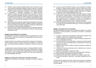 8 9
LEY UNIVERSITARIA
| Por una educación universitaria de calidad para nuestros jóvenes Por una educación universitaria de calidad para nuestros jóvenes |
LEY UNIVERSITARIA
8.1 Normativo, implica la potestad autodeterminativa  para la creación de normas	
internas (estatuto y reglamentos) destinadas a regular la institución  universitaria.
8.2 De gobierno, implica la potestad  autodeterminativa para estructurar, organizar y 
conducir la institución universitaria, con atención  a su naturaleza,características
y necesidades. Es formalmente dependiente del régimen normativo. 
8.3 Académico, implica la potestad autodeterminativa  para fijar el marco del
proceso de enseñanza-aprendizaje  dentro de la institución universitaria.  Supone	
el señalamiento de los planes de  estudios, programas de investigación, formas 
de ingreso y egreso de la institución, etc. Es formalmente dependiente del régimen
normativo  y es la expresión más acabada de la razón de  ser de la actividad
universitaria. 
8.4 Administrativo, implica la potestad  autodeterminativa para establecer los principios, 
técnicas y prácticas de sistemas de gestión,  tendientes a facilitar la consecución de	
los fines de la institución universitaria, incluyendo la  organización y administración
del escalafón de su personal docente y administrativo. 
8.5 Económico, implica la potestad autodeterminativa  para administrar y disponer 	
del patrimonio  institucional; así como para fijar los criterios de  generación y apli-	
cación de los recursos. 
Artículo 9. Responsabilidad de las autoridades 
Las autoridades de la institución universitaria pública son responsables por el uso de
los recursos de la  institución, sin perjuicio de la responsabilidad civil, penal o adminis-
trativa correspondiente. 
Cualquier miembro de la comunidad universitaria debe  denunciar ante la Superinten-
dencia Nacional de Educación Superior Universitaria (SUNEDU), la comisión de
actos  que constituyan indicios razonables de la existencia de  infracciones a la presente
Ley. 
La Superintendencia Nacional de Educación Superior  Universitaria (SUNEDU), de oficio o
a pedido de parte,  emite recomendaciones para el mejor cumplimiento de  las disposi-
ciones previstas en esta Ley y otras normas  reglamentarias, en el marco de su ámbito
de competencia.  Dichas recomendaciones pueden servir de base para la determinación
de las responsabilidades pertinentes. 
Artículo 10. Garantías para el ejercicio de la  autonomía universitaria 
El ejercicio de la autonomía en la educación universitaria se rige por las siguientes
reglas: 
10.1 Son nulos y carecen de validez los acuerdos  que las autoridades y los órganos
de gobierno  colegiados adopten sometidos a actos de  violencia física o moral. 
10.2 Los locales universitarios son utilizados  exclusivamente para el cumplimiento	
de sus fines y dependen de la respectiva autoridad  universitaria. Son inviolables.
Su vulneración  acarrea responsabilidad de acuerdo a ley. 
10.3 La Policía Nacional y el Ministerio Público solo  pueden ingresar al campus	
universitario por  mandato judicial o a petición del Rector, debiendo este último
dar cuenta al Consejo Universitario o  el que haga sus veces, salvo cuando se
haya  declarado el estado de emergencia, se produzca  un delito flagrante o	
haya peligro inminente de  su perpetración. En estos casos, el accionar de  la	
fuerza pública no compromete ni recorta la  autonomía universitaria. 
10.4 Cuando las autoridades universitarias tomen  conocimiento de la presunta comisión
de un  delito, dan cuenta al Ministerio Público, para  el inicio de las investigaciones	
a que hubiere lugar. 
Artículo 11. Transparencia de las universidades 
Las universidades públicas y privadas tienen la  obligación de publicar en sus portales
electrónicos, en forma permanente y actualizada, como mínimo, la información
correspondiente a: 
11.1 El Estatuto, el Texto Único de Procedimientos  Administrativos (TUPA), el Plan	
Estratégico  Institucional y el reglamento de la universidad. 
11.2 Las actas aprobadas en las sesiones de  Consejo de Facultad, de Consejo Univer-
sitario  y de Asamblea Universitaria. 
11.3 Los estados financieros de la universidad, el  presupuesto institucional modifi-	
cado en el caso  de las universidades públicas, la actualización  de la ejecución	
presupuestal y balances. 
11.4 Relación y número de becas y créditos  educativos disponibles y otorgados en	
el año en  curso. 
11.5 Inversiones, reinversiones, donaciones, obras  de infraestructura, recursos de	
diversa fuente,  entre otros. 
11.6 Proyectos de investigación y los gastos que  genere. 
11.7 Relación de pagos exigidos a los alumnos por toda índole, según corresponda. 
11.8 Número de alumnos por facultades y programas de estudio. 
11.9 Conformación del cuerpo docente, indicando  clase, categoría y hoja de vida. 
11.10 El número de postulantes, ingresantes,  matriculados y egresados por año y	
carrera. 
Las remuneraciones, bonificaciones y demás  estímulos que se pagan a las autoridades
y docentes en  cada categoría, por todo concepto, son publicados de  acuerdo a la
normativa aplicable. 
 