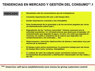 Necesitado más de consumidores que de trabajadores Creciente importancia del ocio y del tiempo libre Dando importancia creciente a los intangibles Peso fundamental de la gratuidad y de los servicios pagados por otros (la Administración sobre todo ) Degradación de los “activos comunales” (bienes comunes) pro la actividad económica: (1) infraestructuras que destruyen el paisaje; (2) contaminación que degrada el agua y el aire; (3) ruido que degrada la vivencia; (4) media e industrias de la cultura que degradan los comportamientos y las actitudes…. Etc. Hiperconsumo y derroche (destrucción) de bienes y naturaleza muy por encima de lo necesario El tiempo como activo económicoa: la economía trabaja para las horas de tiempo libre (ocio, turismo, intangibles) La cadena de valor de cualquier sector económico incluye nuevas herramientas de producción y distribución relacionadas con las redes y las TIC TENDENCIAS EN MERCADO Y GESTIÓN DEL CONSUMO**.1 **  Unservice: self-serve establishments save money by giving custormers control MERCADO 
