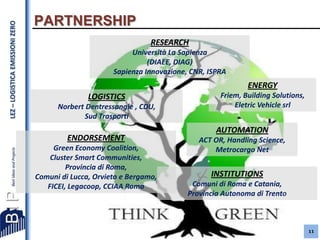 LEZ – LOGISTICA EMISSIONI ZERO

PARTNERSHIP
RESEARCH
Università La Sapienza
(DIAEE, DIAG)
Sapienza Innovazione, CNR, ISPRA

ENERGY
LOGISTICS
Norbert Dentressangle , CDU,
Sud Trasporti

ENDORSEMENT
Green Economy Coalition,
Cluster Smart Communities,
Provincia di Roma,
Comuni di Lucca, Orvieto e Bergamo,
FICEI, Legacoop, CCIAA Roma

Friem, Building Solutions,
Eletric Vehicle srl

AUTOMATION
ACT OR, Handling Science,
Metrocargo Net

INSTITUTIONS
Comuni di Roma e Catania,
Provincia Autonoma di Trento

11

 