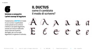 >




       6
    typography




                                                          IL DUCTUS
                                                          come è cambiato
       iniziano a comparire                               il modo di scrivere?
       i primi esempi di legature

       l’andamento o ductus è il modo
       in cui si scrive: in particolare
       si dice posato se la scrittura
       è diritta e con pochi legamenti,
       corsivo se è essa è realizzata
       senza staccare la penna
       dal foglio, per cui ha molti
       legamenti e in genere è inclinata;




      Politecnico di Bari   |   corso di laurea in Disegno industriale   |   aa 2008/2009   |   Progettazione grafica 2   ||   tema: tipografia
 