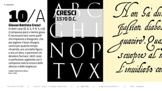 >




       10/A
    typography




                                                               CRESCI
                                                               1570 D.C.
       giovan battista cresci
       In detti corpi (B, D, G, P, R, S, e Q)
       il compasso poco o niente giova.
       È necessario fare come quelli
       che imparano a disegnare, che
       per pigliare il buon disegno
       vanno per qualche tempo
       ritraendo, ora una bella figura
       e ora un’altra, e parimenti chi
       desidera formare i detti corpi
       in perfezione, pigliando con il
       compasso solo la misura delle
       altezze e delle larghezze.
       GIOVAN FRANCESCO CRESCI
       Roma 1560




      Politecnico di Bari        |   corso di laurea in Disegno industriale   |   aa 2008/2009   |   Progettazione grafica 2   ||   tema: tipografia
 