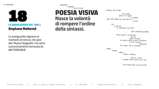 >




       18
    typography




                                                          POESIA VISIVA
                                                          Nasce la volontà
       Le avanguardie deL ‘900 :                          di rompere l’ordine
       stephane mallarmé                                  della sintassi.
       Le avanguardie segnano un
       momento di rottura, che apre
       alla “Nuova Tipografia” che verrà
       successivamente teorizzata da
       JAN TChIChOLD.




      Politecnico di Bari   |   corso di laurea in Disegno industriale   |   aa 2008/2009   |   Progettazione grafica 2   ||   tema: tipografia
 