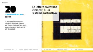 >




       20
    typography




                                                          Le lettere diventano
                                                          elementi di un
       Le avanguardie deL ‘900 :
                                                          sistema costruttivo.
       de stijl

       Le avanguardie segnano un
       momento di rottura, che apre
       alla “Nuova Tipografia” che verrà
       successivamente teorizzata da
       JAN TChIChOLD.




      Politecnico di Bari   |   corso di laurea in Disegno industriale   |   aa 2008/2009   |   Progettazione grafica 2   ||   tema: tipografia
 