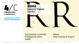 >




       4/C
    typography




                                                          ROMA
                                                          Colonna Traiana
       L’alfabeto inizia                                  113 D.C.
       a trasformarsi.

       iL disegno deLLe Lettere
       risuLta essere moderno.




      Politecnico di Bari   |   corso di laurea in Disegno industriale   |   aa 2008/2009   |   Progettazione grafica 2   ||   tema: tipografia
 