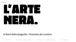 L’ARTE
>   typography




      NERA.
      > Storia della tipografia / Anatomia dei caratteri.

      Politecnico di Bari   |   corso di laurea in Disegno industriale   |   aa 2008/2009   |   Progettazione grafica 2   ||   tema: tipografia
 