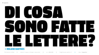 di cOSA
>   typography




      SOnO FATTE
      LE LETTERE?
      >   ROLAND BARTHES
      Politecnico di Bari   |   corso di laurea in Disegno industriale   |   aa 2008/2009   |   Progettazione grafica 3   ||   tema: tipografia
 