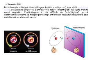 18 Settembre 2002
Recentemente antiatomi di anti-idrogeno (anti-H = anti-p + e+) sono stati prodotti al
CERN, decelerando antiprotoni e antielettroni tenuti "imbottigliati" nel vuoto tramite
campi magnetici. L'anti-idrogeno è più difficile da "imbottigliare" perché
elettricamente neutro; la maggior parte degli antiidrogeni raggiunge una parete dove
annichila con un atomo del mezzo.

 