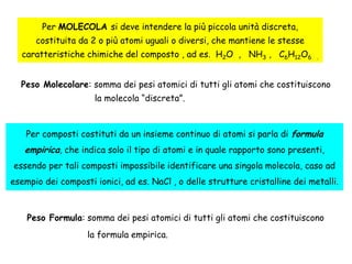 Per MOLECOLA si deve intendere la più piccola unità discreta,
costituita da 2 o più atomi uguali o diversi, che mantiene le stesse
caratteristiche chimiche del composto , ad es. H2O , NH3 , C6H12O6

.

Peso Molecolare: somma dei pesi atomici di tutti gli atomi che costituiscono
la molecola “discreta”.

Per composti costituti da un insieme continuo di atomi si parla di formula

empirica, che indica solo il tipo di atomi e in quale rapporto sono presenti,
essendo per tali composti impossibile identificare una singola molecola, caso ad
esempio dei composti ionici, ad es. NaCl , o delle strutture cristalline dei metalli.

Peso Formula: somma dei pesi atomici di tutti gli atomi che costituiscono
la formula empirica.

 