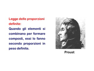 Legge delle proporzioni

definite:
Quando gli elementi si
combinano per formare
composti, essi lo fanno
secondo proporzioni in
peso definite.
Proust

 