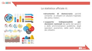 La statistica ufficiale è:
•strumento di democrazia perché
consente ai cittadini di valutare l’operato
dei policy maker;
• supporto indispensabile per
decisioni razionali da parte dei governi
e delle amministrazioni pubbliche, degli
operatori economici, delle parti sociali,
dei cittadini.
 