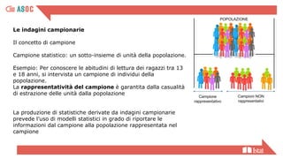 Le indagini campionarie
Il concetto di campione
Campione statistico: un sotto-insieme di unità della popolazione.
Esempio: Per conoscere le abitudini di lettura dei ragazzi tra 13
e 18 anni, si intervista un campione di individui della
popolazione.
La rappresentatività del campione è garantita dalla casualità
di estrazione delle unità dalla popolazione
La produzione di statistiche derivate da indagini campionarie
prevede l’uso di modelli statistici in grado di riportare le
informazioni dal campione alla popolazione rappresentata nel
campione
 