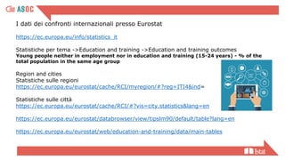 I dati dei confronti internazionali presso Eurostat
https://ec.europa.eu/info/statistics_it
Statistiche per tema ->Education and training ->Education and training outcomes
Young people neither in employment nor in education and training (15-24 years) - % of the
total population in the same age group
Region and cities
Statistiche sulle regioni
https://ec.europa.eu/eurostat/cache/RCI/myregion/#?reg=ITI4&ind=
Statistiche sulle città
https://ec.europa.eu/eurostat/cache/RCI/#?vis=city.statistics&lang=en
https://ec.europa.eu/eurostat/databrowser/view/tipslm90/default/table?lang=en
https://ec.europa.eu/eurostat/web/education-and-training/data/main-tables
 