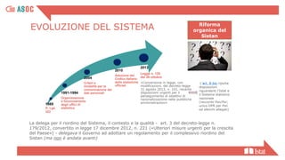1989
D. Lgs.
322
1991-1994
Organizzazione
e funzionamento
degli uffici di
statistica
2004
Criteri e
modalità per la
comunicazione dei
dati personali
2010
Adozione del
Codice italiano
delle statistiche
ufficiali
2013
Legge n. 125
del 30 ottobre
Riforma
organica del
Sistan
«Conversione in legge, con
modificazioni, del decreto-legge
31 agosto 2013, n. 101, recante
disposizioni urgenti per il
perseguimento di obiettivi di
razionalizzazione nelle pubbliche
amministrazioni»
L'art. 8-bis riporta
disposizioni
riguardanti l'Istat e
il Sistema statistico
nazionale
(raccordo Psn/Psr;
unico DPR per Psn
ed elenchi allegati)
La delega per il riordino del Sistema, il contesto e la qualità - art. 3 del decreto-legge n.
179/2012, convertito in legge 17 dicembre 2012, n. 221 («Ulteriori misure urgenti per la crescita
del Paese») - delegava il Governo ad adottare un regolamento per il complessivo riordino del
Sistan (ma non è andata avanti)
EVOLUZIONE DEL SISTEMA
 