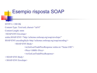 Esempio risposta SOAP
HTTP/1.1 200 OK
Content-Type: Text/xml; charset=”utf-8”
Content-Lenght: nnnn
<SOAP-ENV:Envelope>
xmlns:SOAP-ENV=”http://schemas.xmlsoap.org/soap/envelope/”
SOAP-ENV:encodingStyle=http://schemas.xmlsoap.org/soap/encoding/>
<SOAP-ENV:Body>
<m:GetLastTradePriceResponse xmlns:m=”Some-URI”>
<Price>1000$</Price>
</m:GetLastTradePriceResponse>
</SOAP-ENV:Body>
</SOAP-ENV:Envelope>
 