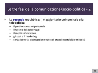 Le tre fasi della comunicazione/socio-politica - 2 La  seconda   repubblica: il maggioritario uninominale e la  telepolitica  il partito azienda e personale il fascino dei personaggi il racconto televisivo gli spot e il marketing  senza identità, disgregazione e piccoli gruppi (nostalgici e stilistici) 9 