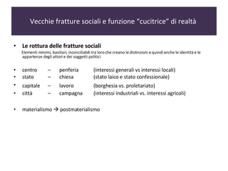 Vecchie fratture sociali e funzione “cucitrice” di realtà  Le rottura delle fratture sociali  Elementi minimi, basiliari, inconciliabili tra loro che creano le distinzioni e quindi anche le identità e le appartenze degli attori e dei soggetti politici centro –  periferia  (interessi generali vs interessi locali) stato   –  chiesa  (stato laico e stato confessionale) capitale  –  lavoro  (borghesia vs. proletariato)   città  –  campagna  (interessi industriali vs. interessi agricoli)  materialismo    postmaterialismo  