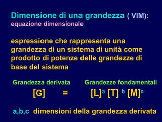 Dimensione di una grandezza ( VIM):
equazione dimensionale
espressione che rappresenta una
grandezza di un sistema di unità come
prodotto di potenze delle grandezze di
base del sistema
Grandezza derivata Grandezze fondamentali
[G] = [L]a
[T] b
[M]c
a,b,c dimensioni della grandezza derivata
 