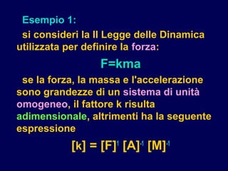 Esempio 1:
si consideri la II Legge delle Dinamica
utilizzata per definire la forza:
F=kmaF=kma
se la forza, la massa e l'accelerazione
sono grandezze di un sistema di unità
omogeneo, il fattore k risulta
adimensionale, altrimenti ha la seguente
espressione
[k] = [F]1
[A]-1
[M]-1
 