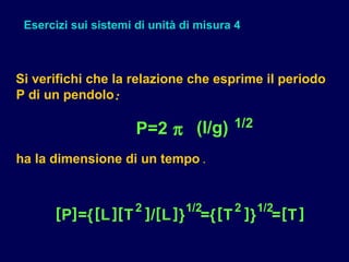 Esercizi sui sistemi di unità di misura 4
Si verifichi che la relazione che esprime il periodo
P di un pendolo:
P=2 π (l/g) 1/2
ha la dimensione di un tempo .
[P]={[L][T
2
]/[L]}
1/2
={[T
2
]}
1/2
=[T]
 
