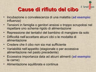 Cause di rifiuto del cibo Incubazione o convalescenza di una malattia ( ad esempio : influenza) Tensioni in famiglia o genitori ansiosi o troppo scrupolosi nel rispettare uno schema rigido di alimentazione Repressione dei tentativi del bambino di mangiare da solo Difficoltà nell’accettare alcuni cibi o le modalità di alimentazione Credere che il cibo non sia mai sufficiente Variabilità nell’appetito (stagionale o per eccessiva alimentazione nel pasto precedente) Eccessiva importanza data ad alcuni alimenti ( ad esempio : la carne) Alimentazione squilibrata e continua 