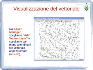 Visualizzazione del vettoriale


Dal Layer
Manager
scegliamo “Add
Vector Layer” e
scegliamo dal
menu a tendina il
file vettoriale
appena creato
(reticolo).
 