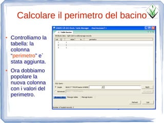 Calcolare il perimetro del bacino

●   Controlliamo la
    tabella: la
    colonna
    “perimetro” e`
    stata aggiunta.
●   Ora dobbiamo
    popolare la
    nuova colonna
    con i valori del
    perimetro.
 