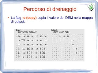 Percorso di drenaggio
●   La flag -c (copy) copia il valore del DEM nella mappa
    di output:
 