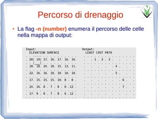 Percorso di drenaggio
●   La flag -n (number) enumera il percorso delle celle
    nella mappa di output:
 