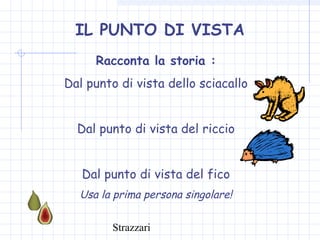 Strazzari
IL PUNTO DI VISTA
Racconta la storia :
Dal punto di vista dello sciacallo
Dal punto di vista del riccio
Dal punto di vista del fico
Usa la prima persona singolare!
 