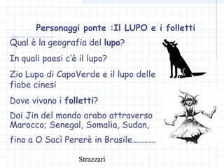 Strazzari
Personaggi ponte :Il LUPO e i folletti
Qual è la geografia del lupo?
In quali paesi c’è il lupo?
Zio Lupo di CapoVerde e il lupo delle
fiabe cinesi
Dove vivono i folletti?
Dai Jin del mondo arabo attraverso
Marocco; Senegal, Somalia, Sudan,
fino a O Sacì Pererè in Brasile…………
 