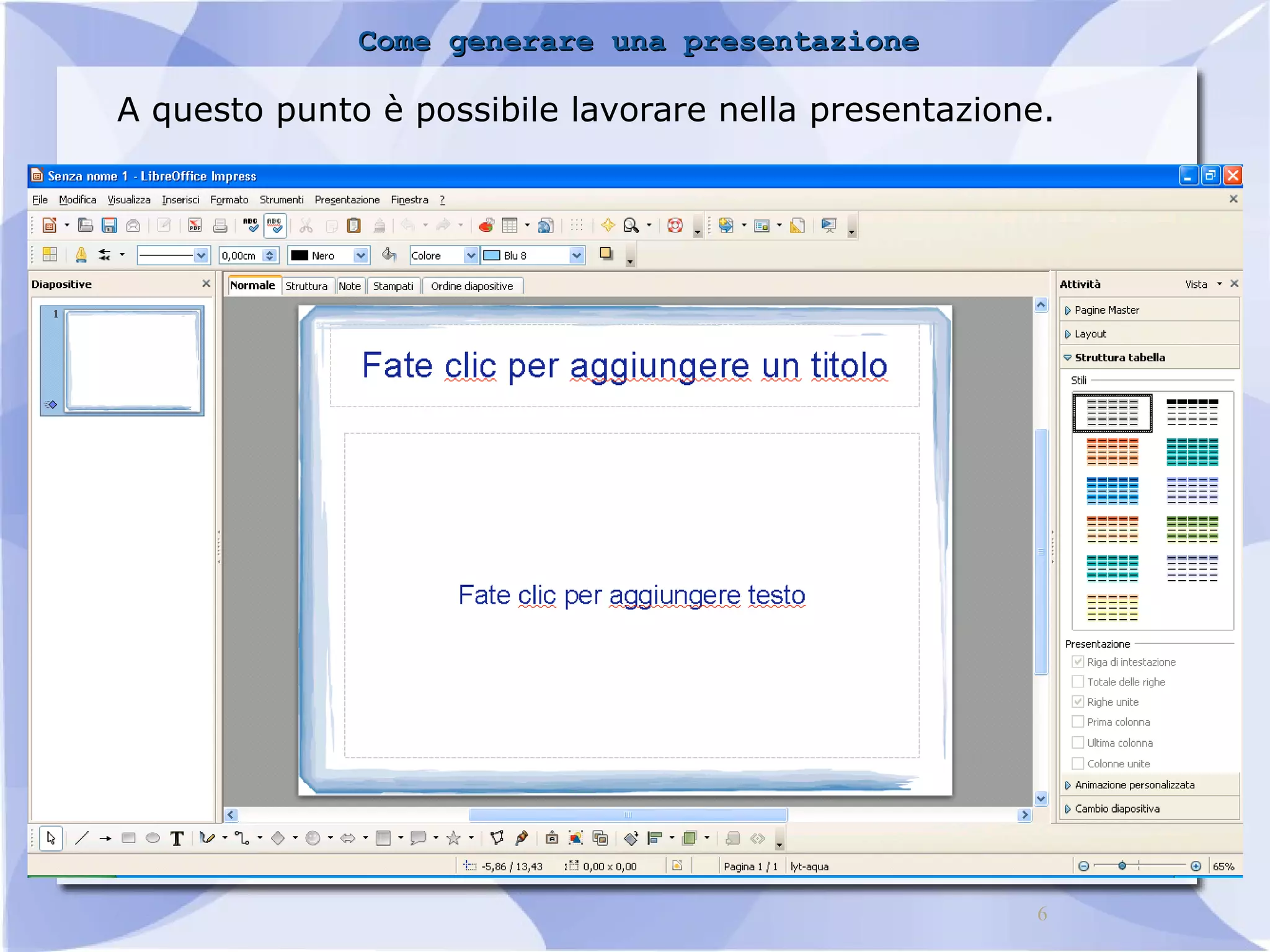 CCoommee ggeenneerraarree uunnaa pprreesseennttaazziioonnee 
A questo punto è possibile lavorare nella presentazione. 
6 
 