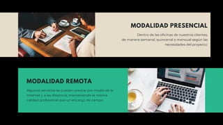 MODALIDAD REMOTA
Algunos servicios se pueden prestar por medio de la
Internet y a las distancia, manteniendo la misma
calidad profesional que un encargo de campo.
MODALIDAD PRESENCIAL
Dentro de las oficinas de nuestros clientes,
de manera semanal, quincenal o mensual según las
necesidades del proyecto.
 