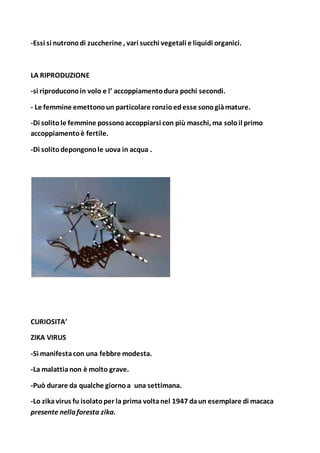 -Essi si nutronodi zuccherine , vari succhi vegetali e liquidi organici.
LA RIPRODUZIONE
-si riproduconoin volo e l’ accoppiamentodura pochi secondi.
- Le femmine emettonoun particolare ronzioedesse sonogiàmature.
-Di solitole femmine possonoaccoppiarsi con più maschi, ma soloil primo
accoppiamentoè fertile.
-Di solitodepongonole uova in acqua .
CURIOSITA’
ZIKA VIRUS
-Si manifestacon una febbre modesta.
-La malattianon è molto grave.
-Può durare da qualche giornoa una settimana.
-Lo zikavirus fu isolatoper la prima voltanel 1947 daun esemplare di macaca
presente nella foresta zika.
 