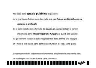 Nel caso dello spazio

pubblico si può dire:

A. le grandezze fisiche sono date dalla sua morfologia ambientale che sia
naturale o artificiale
B. le parti statiche sono formate dai segni, gli elementi fissi, le parti in
movimento sono i flussi legati alle funzioni (e quindi alle utenze)
C. gli elementi funzionali sono rappresentati dalle attività che accoglie
D. i metodi e le regole sono definiti dalle funzioni e i nodi, sono gli usi

Le componenti del sistema sono fortemente relazionate le une con le altre,
la morfologia condizione flussi e usi e viceversa

 