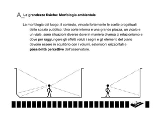 A_Le grandezze fisiche: Morfologia ambientale
La morfologia del luogo, il contesto, vincola fortemente le scelte progettuali
dello spazio pubblico. Una corte interna e una grande piazza, un vicolo e
un viale, sono situazioni diverse dove in maniera diversa ci relazioniamo e
dove per raggiungere gli effetti voluti i segni e gli elementi del piano
devono essere in equilibrio con i volumi, estensioni orizzontali e
possibilità percettive dell’osservatore.

 