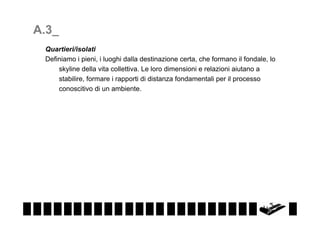 A.3_
Quartieri/isolati
Definiamo i pieni, i luoghi dalla destinazione certa, che formano il fondale, lo
skyline della vita collettiva. Le loro dimensioni e relazioni aiutano a
stabilire, formare i rapporti di distanza fondamentali per il processo
conoscitivo di un ambiente.

 
