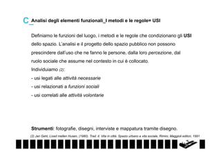 Analisi degli elementi funzionali_I metodi e le regole= USI
C_
Definiamo le funzioni del luogo, i metodi e le regole che condizionano gli USI
dello spazio. L’analisi e il progetto dello spazio pubblico non possono
prescindere dall’uso che ne fanno le persone, dalla loro percezione, dal
ruolo sociale che assume nel contesto in cui è collocato.
Individuiamo (2):
- usi legati alle attività necessarie
- usi relazionati a funzioni sociali
- usi correlati alle attività volontarie

Strumenti: fotografie, disegni, interviste e mappatura tramite disegno.
(2) Jan Gehl, Lived mellen Husen, (1980). Trad. it. Vita in città. Spazio urbano e vita sociale, Rimini, Maggioli editori, 1991

 
