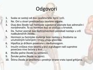 Odgovori
1. Svaka se sastoji od dva zasebna tela: kore i srži.
2. Ne. Oni u stvari predstavljaju zasebne organe.
3. Ovaj deo žlezde luči hemijske supstance poznate kao adrenalin i
noradrenalin. To su hormoni koji se izlučuju u krvotok.
4. Da. Tumor poznat kao feohromocitom ponekad nastaje u srži
nadbubrežnih žlezda.
5. Hormoni su hemijske materije koje nastaju u žlezdama sa
unutrašnjim lučenjem i imaju ulogu glasnika.
6. Hipofiza je drškom povezana s međumozgom.
7. Insulin snižava nivo šećera u krvi a glukagon radi suprotno
povećava nivo šećera u krvi .
8. Muške polne žlezde su semenici.
9. Ženske polne žlezde su jajnici.
10. Štitna žlezda je smeštena s prednje strane vrata ispod grkljana.
 