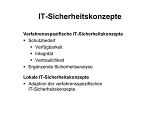 IT-Sicherheitskonzepte

Verfahrensspezifische IT-Sicherheitskonzepte
  Schutzbedarf
     Verfügbarkeit
     Integrität
     Vertraulichkeit
  Ergänzende Sicherheitsanalyse

Lokale IT-Sicherheitskonzepte
  Adaption der verfahrensspezifischen
  IT-Sicherheitskonzepte
 