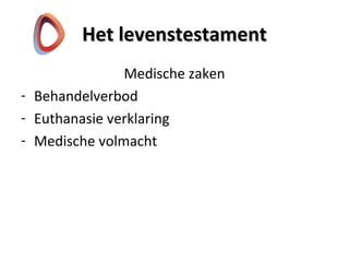 Het levenstestamentHet levenstestament
Medische zaken
- Behandelverbod
- Euthanasie verklaring
- Medische volmacht
 