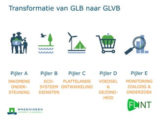 Transformatie van GLB naar GLVB
Pijler A
INKOMENS
ONDER-
STEUNING
Pijler B
ECO-
SYSTEEM
DIENSTEN
Pijler C
PLATTELANDS
ONTWIKKELING
Pijler D
VOEDSEL
&
GEZOND-
HEID
Pijler E
MONITORING
DIALOOG &
ONDERZOEK
 