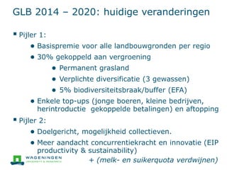 GLB 2014 – 2020: huidige veranderingen
 Pijler 1:
● Basispremie voor alle landbouwgronden per regio
● 30% gekoppeld aan vergroening
● Permanent grasland
● Verplichte diversificatie (3 gewassen)
● 5% biodiversiteitsbraak/buffer (EFA)
● Enkele top-ups (jonge boeren, kleine bedrijven,
herintroductie gekoppelde betalingen) en aftopping
 Pijler 2:
● Doelgericht, mogelijkheid collectieven.
● Meer aandacht concurrentiekracht en innovatie (EIP
productivity & sustainability)
+ (melk- en suikerquota verdwijnen)
 