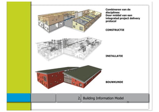 Combineren van de
                 disciplines:
                 Door middel van een
                 integrated project delivery
                 protocol


                 CONSTRUCTIE




                 INSTALLATIE




                 BOUWKUNDE




2. Building Information Model
                                 31
 