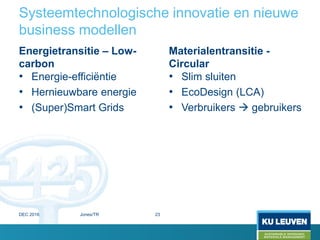 Systeemtechnologische innovatie en nieuwe
business modellen
Energietransitie – Low-
carbon
• Energie-efficiëntie
• Hernieuwbare energie
• (Super)Smart Grids
Materialentransitie -
Circular
• Slim sluiten
• EcoDesign (LCA)
• Verbruikers  gebruikers
DEC 2016 Jones/TR 23
 