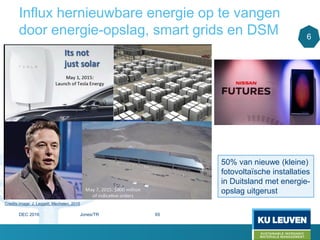 Influx hernieuwbare energie op te vangen
door energie-opslag, smart grids en DSM
50% van nieuwe (kleine)
fotovoltaïsche installaties
in Duitsland met energie-
opslag uitgerust
6
Credits image: J. Leggett, Mechelen, 2015
DEC 2016 Jones/TR 65
 