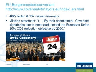 EU Burgemeestersconvenant
http://www.covenantofmayors.eu/index_en.html
24/03/2014
• 4627 leden & 167 miljoen inwoners
• Mission statement: “(…) By their commitment, Covenant
signatories aim to meet and exceed the European Union
20% CO2 reduction objective by 2020.”
55CM/JONES
 