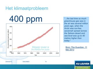 Het klimaatprobleem
Bron: The Guardian, 11
Mei 2013
400 ppm
24/03/2014 14
“...the last time so much
greenhouse gas was in
the air was several million
years ago, when the
Arctic was ice-free,
savannah spread across
the Sahara desert and
sea level was up to 40
metres higher than
today.”
CM/JONES
 
