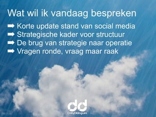 Wat wil ik vandaag bespreken
➡ Korte update stand van social media
➡ Strategische kader voor structuur
➡ De brug van strategie naar operatie
➡ Vragen ronde, vraag maar raak
 